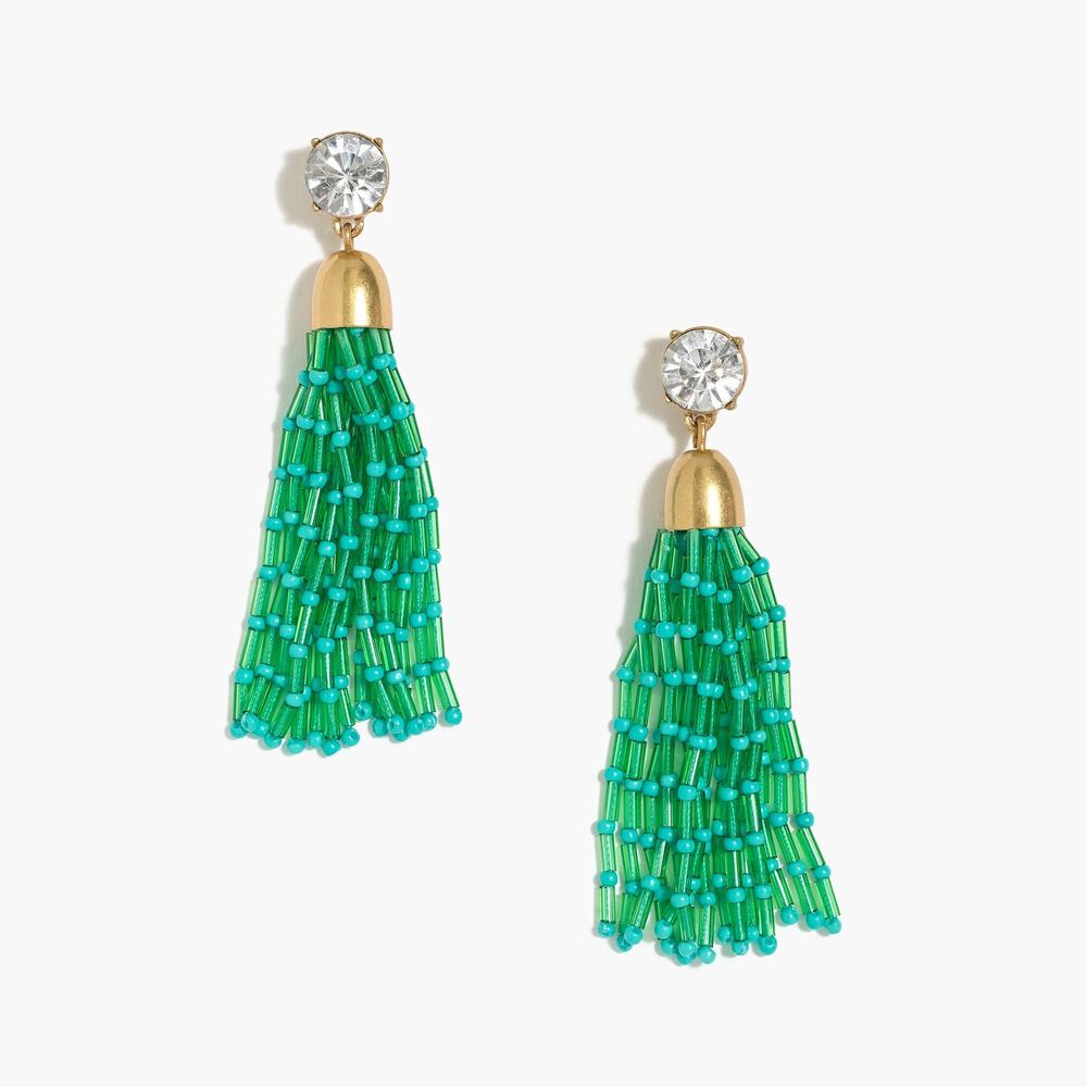 J.CREW Mixed Beaded Tassel Earrings Frosty Emerald Green